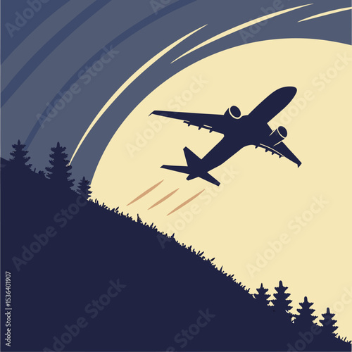 Silhouette vector of an airplane taking off, symbolizing travel, aviation, flight departure, or air transport. Ideal for travel agencies, airport signage, airline branding, and tourism promotional.