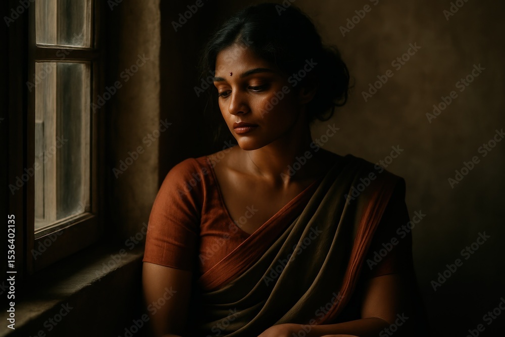 Fototapeta premium Vintage mood, woman in brown saree by window, thoughtful and soft golden light