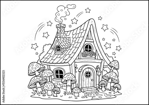 Anthropomorphic Animals, coloring page, A storybook cottage from a magical land, with whimsical shapes and glowing stars.