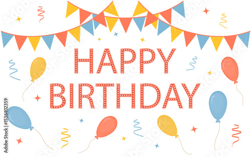 Festive horizontal background. Decorative text happy birthday and stars around. Multicolored flying balloons and triangular flags on ribbon. Vector illustration. Greeting card.