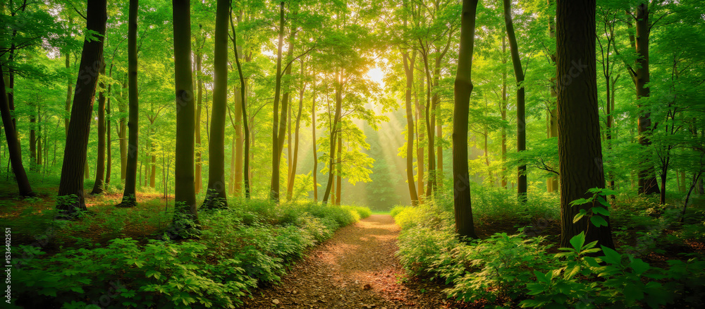 Obraz premium Forest with sun rays shining through green trees, lush summer foliage, beautiful nature, tranquil landscape, scenic trail, wellness, adventure, environment, eco design concept