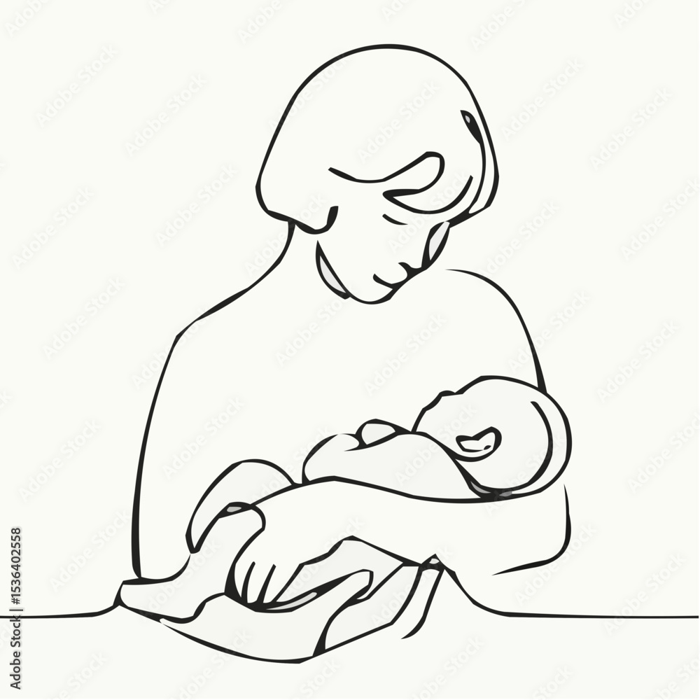 Obraz premium Mother and baby icon in minimalist line art style on light background 