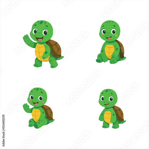 A fun set of cute, green, cartoon monster and frog character illustrations