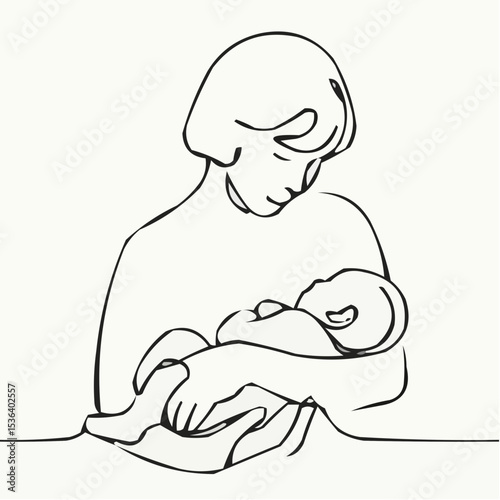 Mother and baby icon, woman holding infant in minimalist line art  