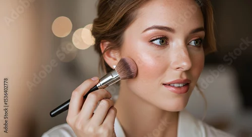 Obraz Woman applying face makeup with powder brush on bokeh background. Beauty routine portrait. Cosmetics and skincare concept. Image for banner, poster, wallpaper and beauty advertisement
