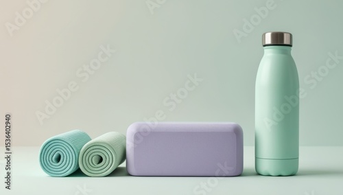 Pastel yoga accessories featuring two mats, a block and a reusable water bottle