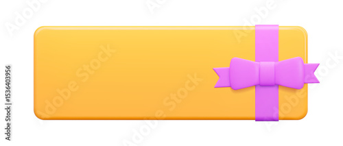 3d yellow gift card with purple bow. Gift certificate for promotion of goods for holidays, birthdays and discount coupon concept. Stock vector illustration on isolated background.
