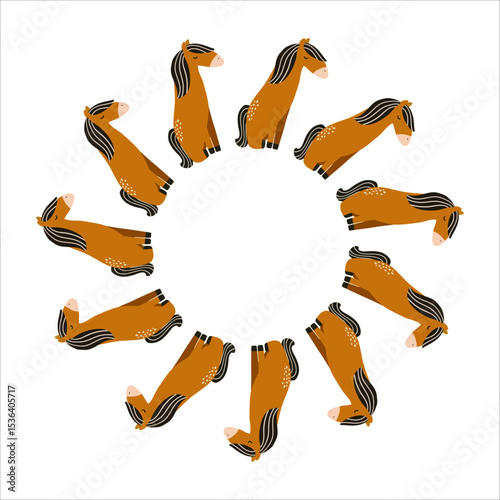 Cute vector illustration of cartoon horses arranged in a round frame. Isolated on a white background. Perfect for children's designs, prints, stickers, cards and nursery decor.