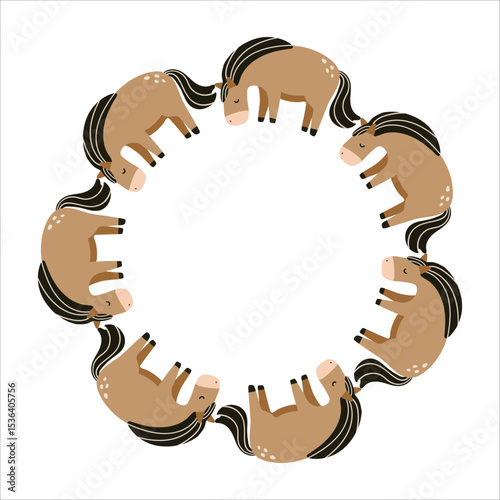 Cute vector illustration of cartoon horses arranged in a round frame. Isolated on a white background. Perfect for children's designs, prints, stickers, cards and nursery decor.
