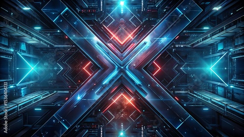 Futuristic abstract X shape in digital environment representing intersection of technology, AI pathways, and data processing.