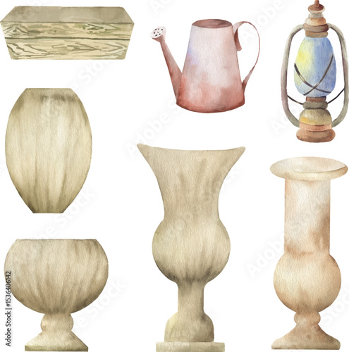 Set of watercolor vases on a white background