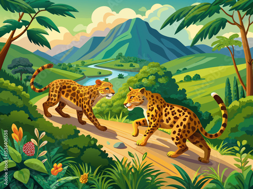 vector of Two wild and hungry leopards are moving in the green and beautiful foothills in beautiful nature...