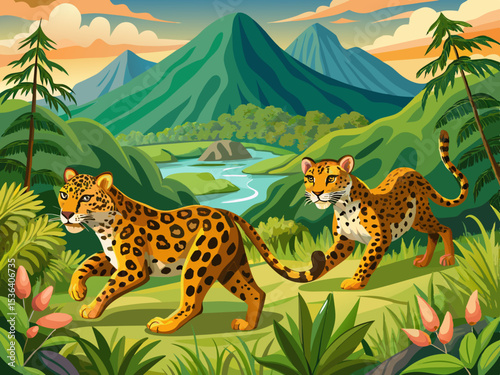 vector of Two wild and hungry leopards are moving in the green and beautiful foothills in beautiful nature...