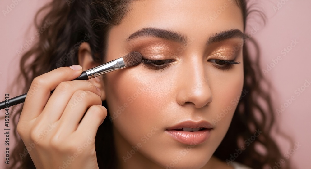 Fototapeta premium Woman applying eyeshadow with makeup brush on eye against pink background. Studio portrait showing makeup application. Beauty routine and cosmetics concept. Image for tutorial and beauty content