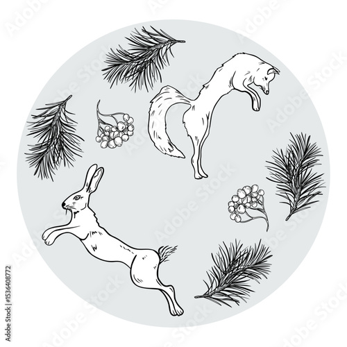 Fox and hare in circle clipart with pine branches and rowan berries black and white line art illustration. Hand drawn forest animals, winter botanicals for holiday print, rustic seasonal dishware.