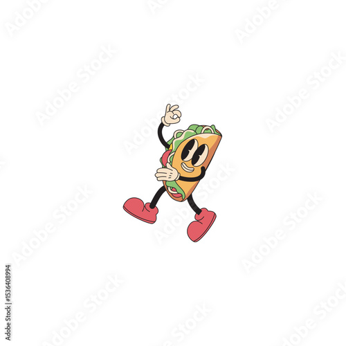 Fun cartoon taco character walking and giving ok sign on white background