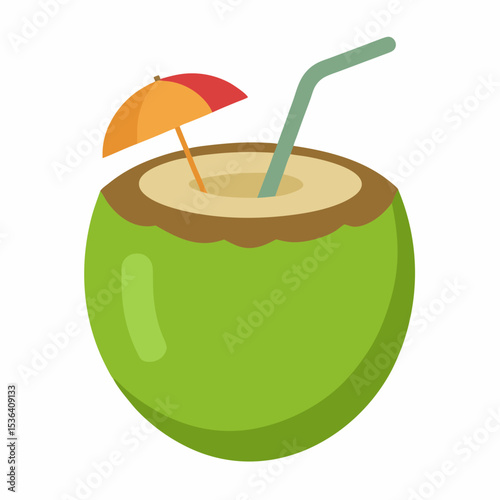Delicious coconut drink vector with straw and leaf accent. Great for exotic cocktail blogs and beach day branding.