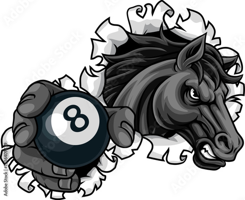 Horse mustang bronco stallion angry pool billiards sports team mascot holding a ball.
