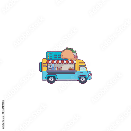 Illustrated food truck serving tacos hamburgers and drinks on the street