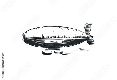 Vintage dirigible sketch with propeller and landing gear. Vector retro hand drawn illustration