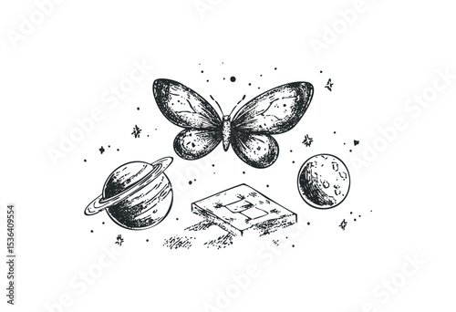 Surreal space scene with butterfly, planets, crescent moon, and floating door. Vector retro hand drawn illustration