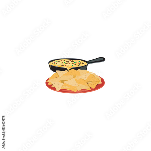Appetizing nachos with cheese dip served on a red plate delicious meal