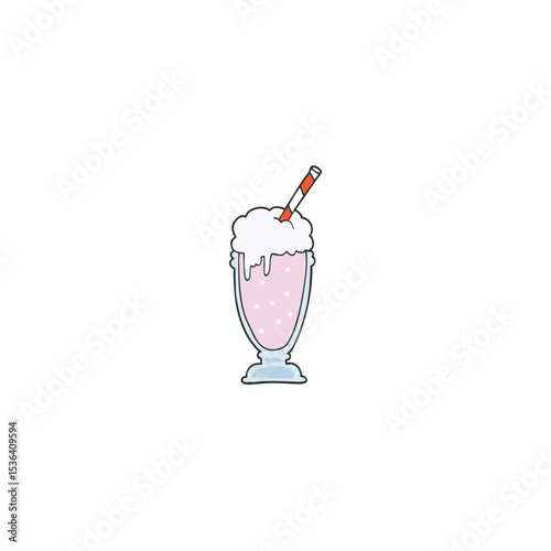 Cartoon pink milkshake illustration with red and white striped straw