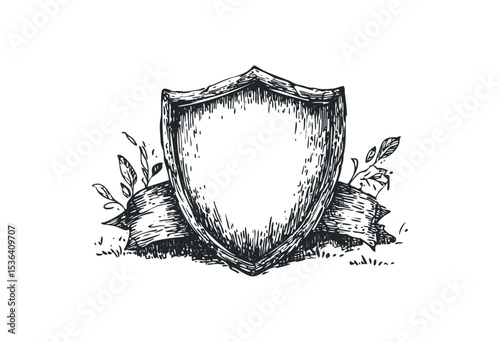 Blank heraldic shield with ribbon and leaves in vintage illustration style. Vector retro hand drawn illustration