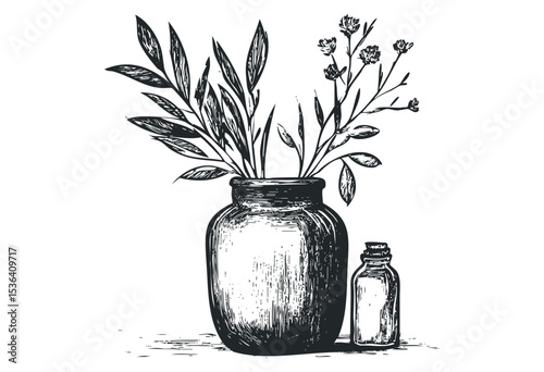 Vintage botanical sketch of vase with leaves and flowers. Vector retro hand drawn illustration