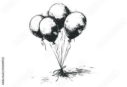 Sketch of five helium balloons floating together with ribbons. Vector retro hand drawn illustration