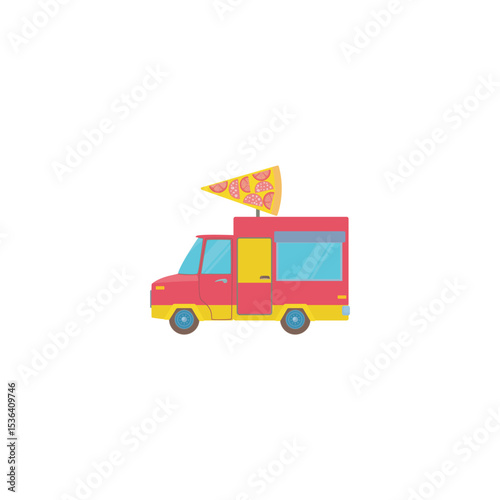 Fun cartoon pizza truck icon vector illustration on white background