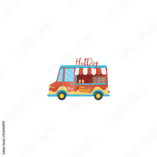 Cartoon hotdog food truck illustration with hotdogs and drinks available