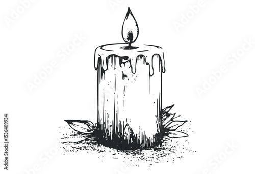 Hand-drawn wax dripping candle with flame and leaves. Vector retro hand drawn illustration