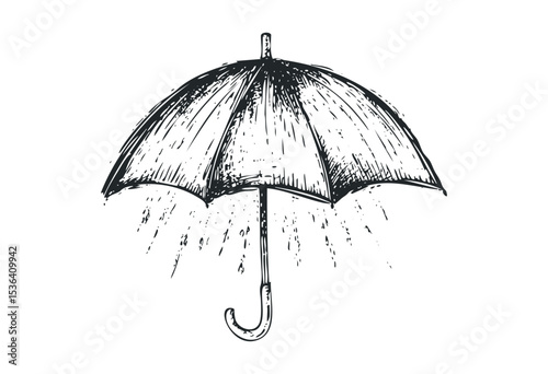 Hand-drawn sketch of a classic umbrella with raindrops. Vector retro hand drawn illustration