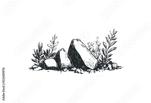 Nature-inspired sketch of rocks and plants in monochrome illustration style. Vector retro hand drawn illustration