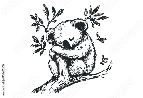 Illustration of a sleeping koala on a tree branch with leaves. Vector retro hand drawn illustration