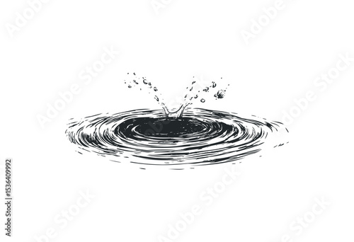 Splash in water: artistic ripple effect with droplets. Vector retro hand drawn illustration