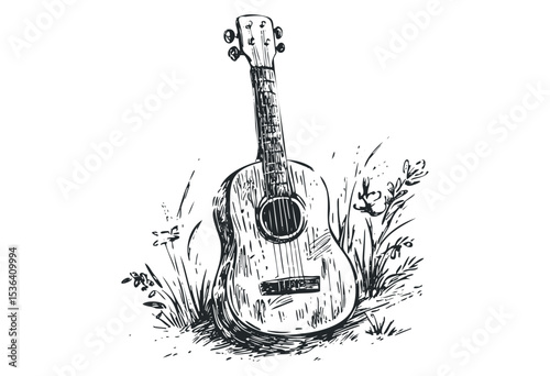 Sketch of acoustic guitar among grass and flowers. Vector retro hand drawn illustration