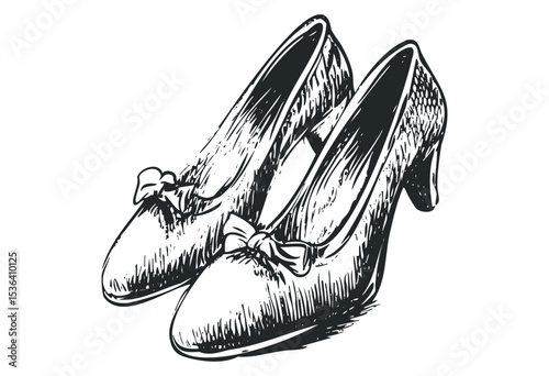 Vintage-style high heel shoes with bows. Vector retro hand drawn illustration