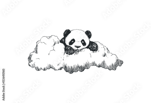 Adorable cartoon panda resting on fluffy cloud. Vector retro hand drawn illustration