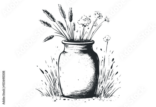 Hand-drawn vase with wheat and wildflowers. Vector retro hand drawn illustration