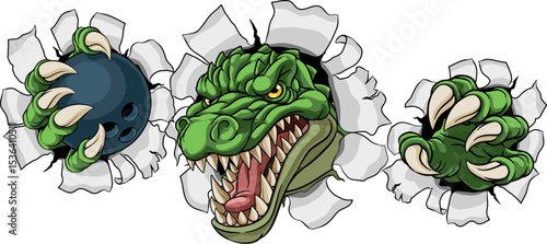 A crocodile, dinosaur or alligator lizard sports mascot holding a bowling ball