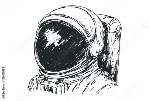 Sketch of astronaut helmet in space outfit. Vector retro hand drawn illustration