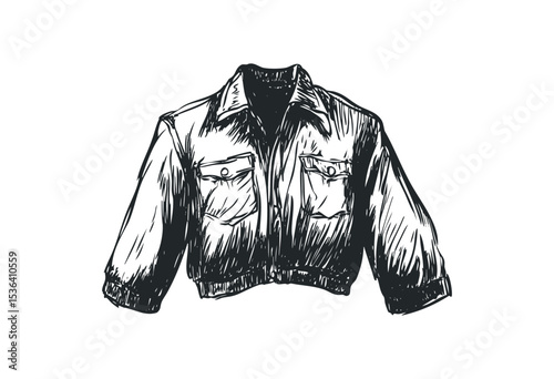 Detailed sketch of a classic denim jacket with pockets and buttons. Vector retro hand drawn illustration