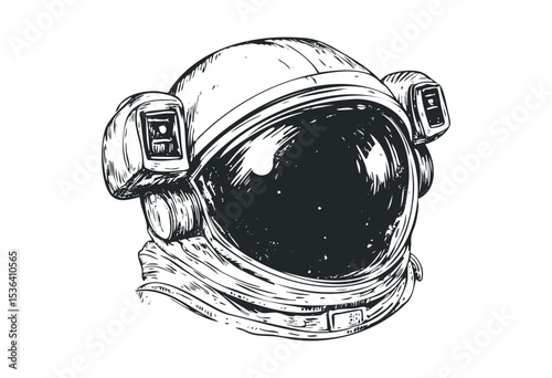 Detailed sketch of an astronaut helmet with reflections. Vector retro hand drawn illustration