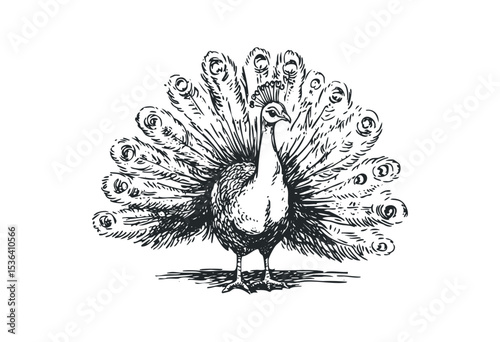 Hand-drawn peacock with full fanned feathers in vintage style. Vector retro hand drawn illustration