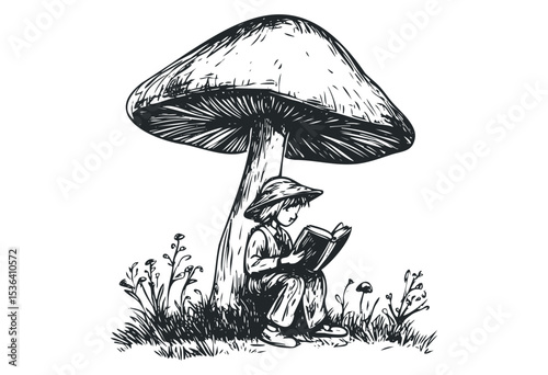 Child illustrates fantasy beneath giant mushroom reading a book in nature. Vector retro hand drawn illustration
