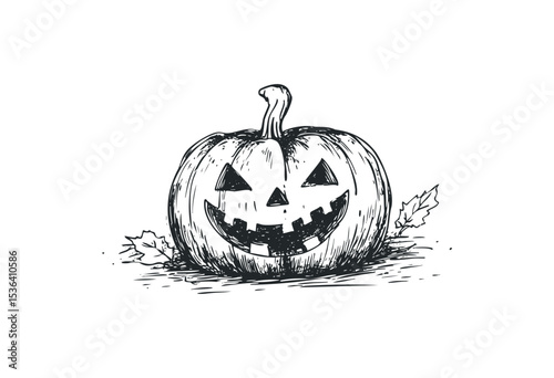 Hand-drawn halloween pumpkin with carved face and leaves. Vector retro hand drawn illustration