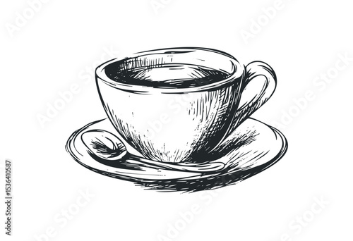 Sketch of a cup on saucer with spoon. Vector retro hand drawn illustration