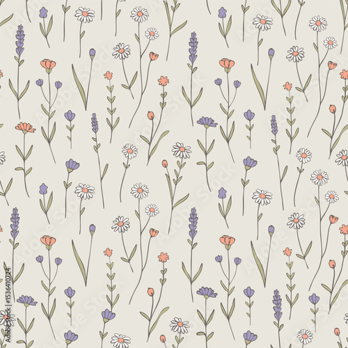 Hand-Drawn Wildflower Seamless Pattern – Dainty Floral Design in Soft Pastel Colors